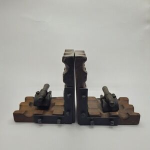 Vintage Sears Made in Spain Wooden Cannon Bookends Hand Carved Brutalist Decor